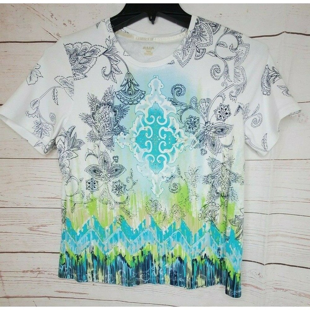 Rare Alia Petite Medium Silver Stud Floral Designer Decorative Shirt